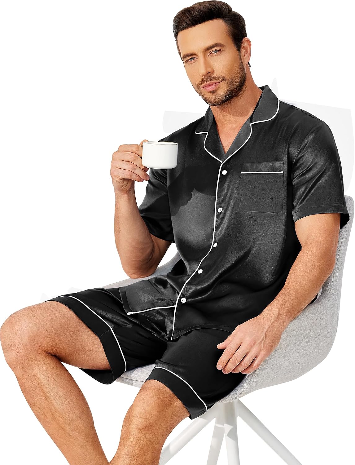 Men’s Satin-Finish Button-Down Pajama Set with Pockets
