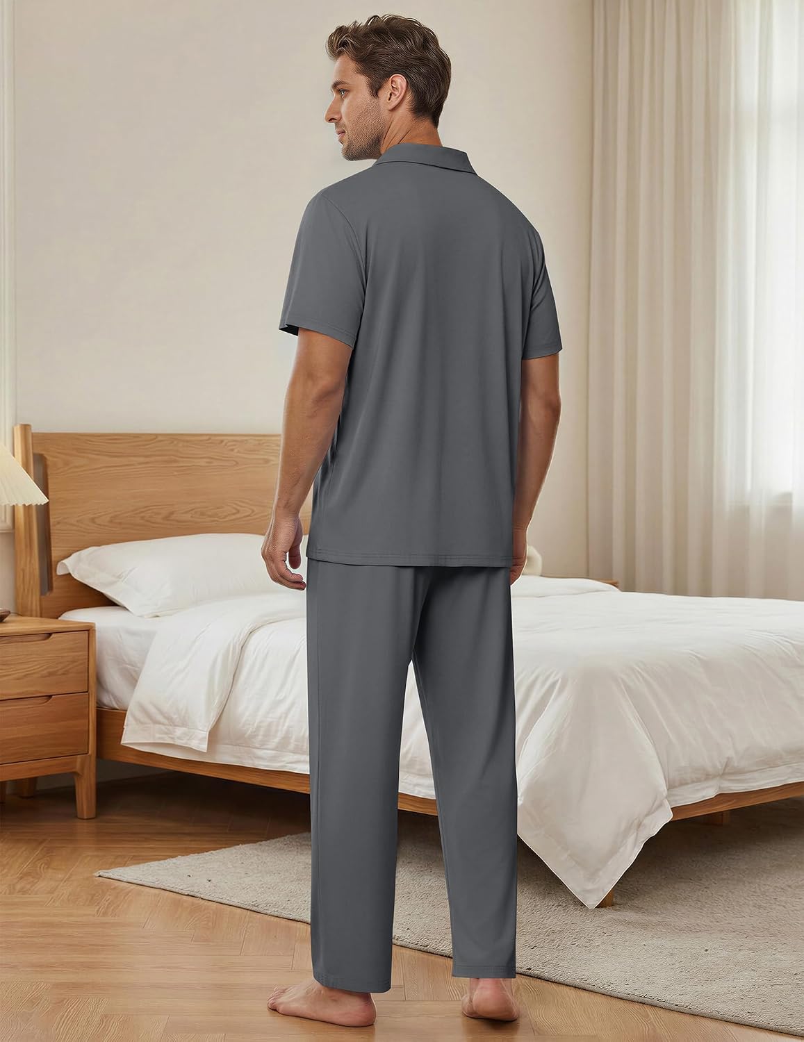 Mens Pajamas Set Short Sleeve Button Down Sleepwear Long Pants Lounge Set with Pocket