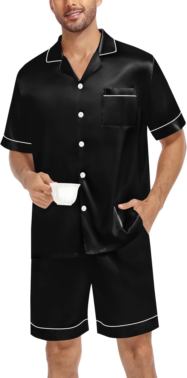 Men’s Satin-Finish Short-Sleeve Pajama Set with Pockets