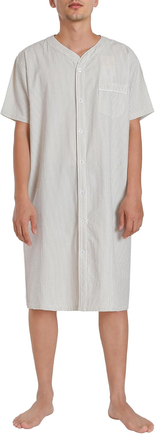 Men's Cotton Seersucker Button Down Nightshirt