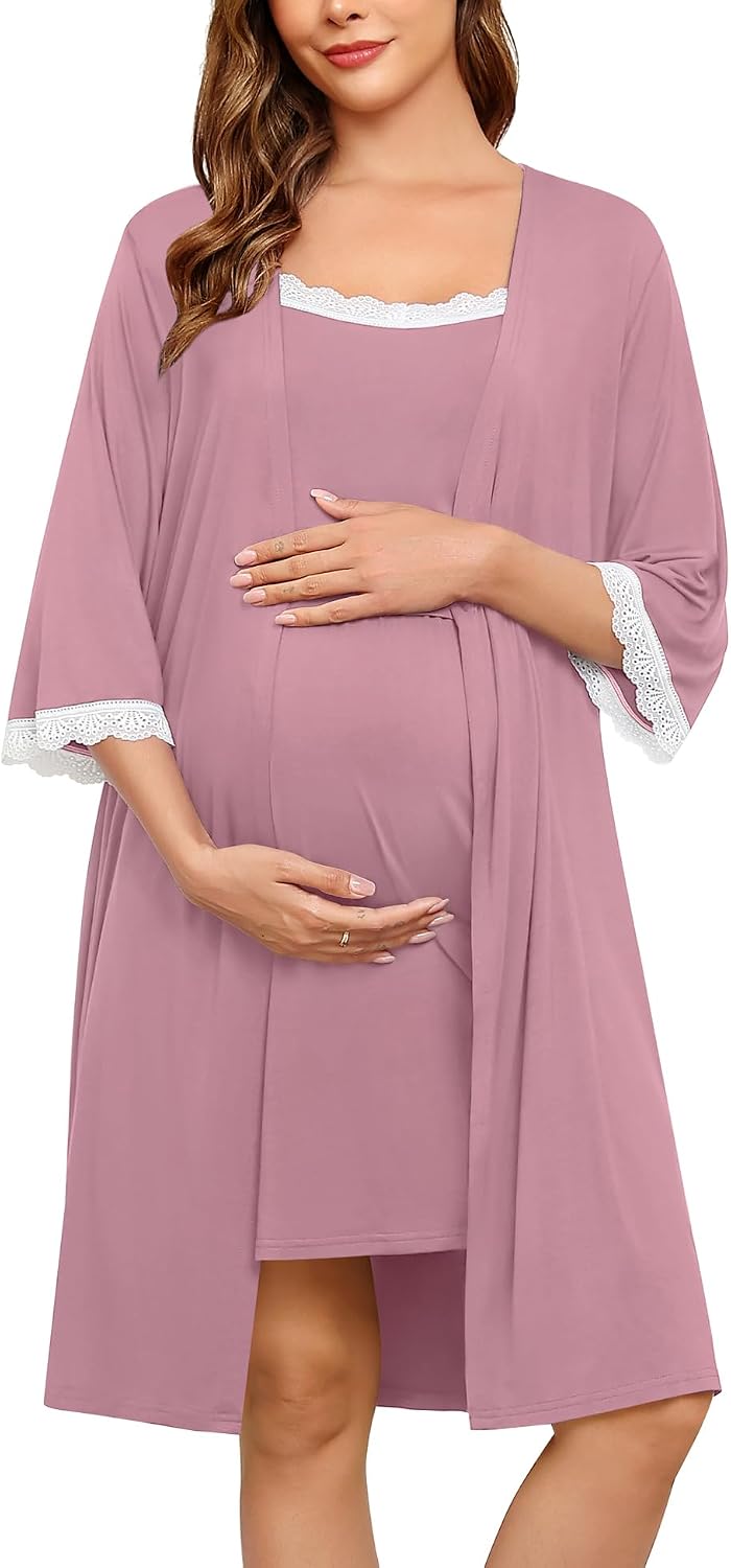 Women’s Double-Layer Lace-Trim Robe & Gown Set