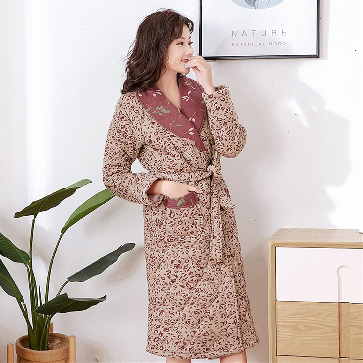 Women's Winter Warm Cotton Quilted Bathrobe Kimono Floral Dressing Gown