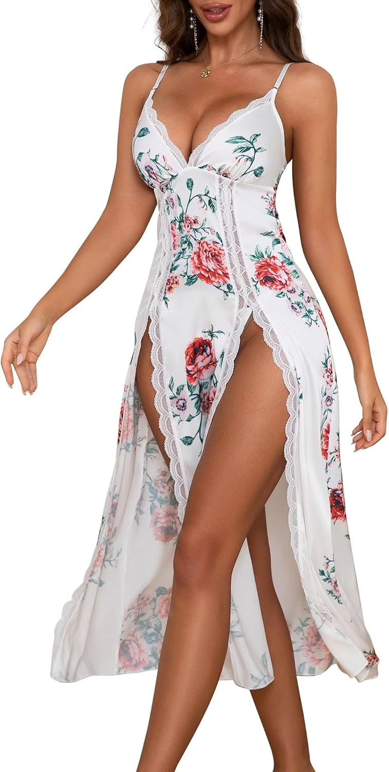 Women’s Long Lace-Trim Side-Split Nightdress