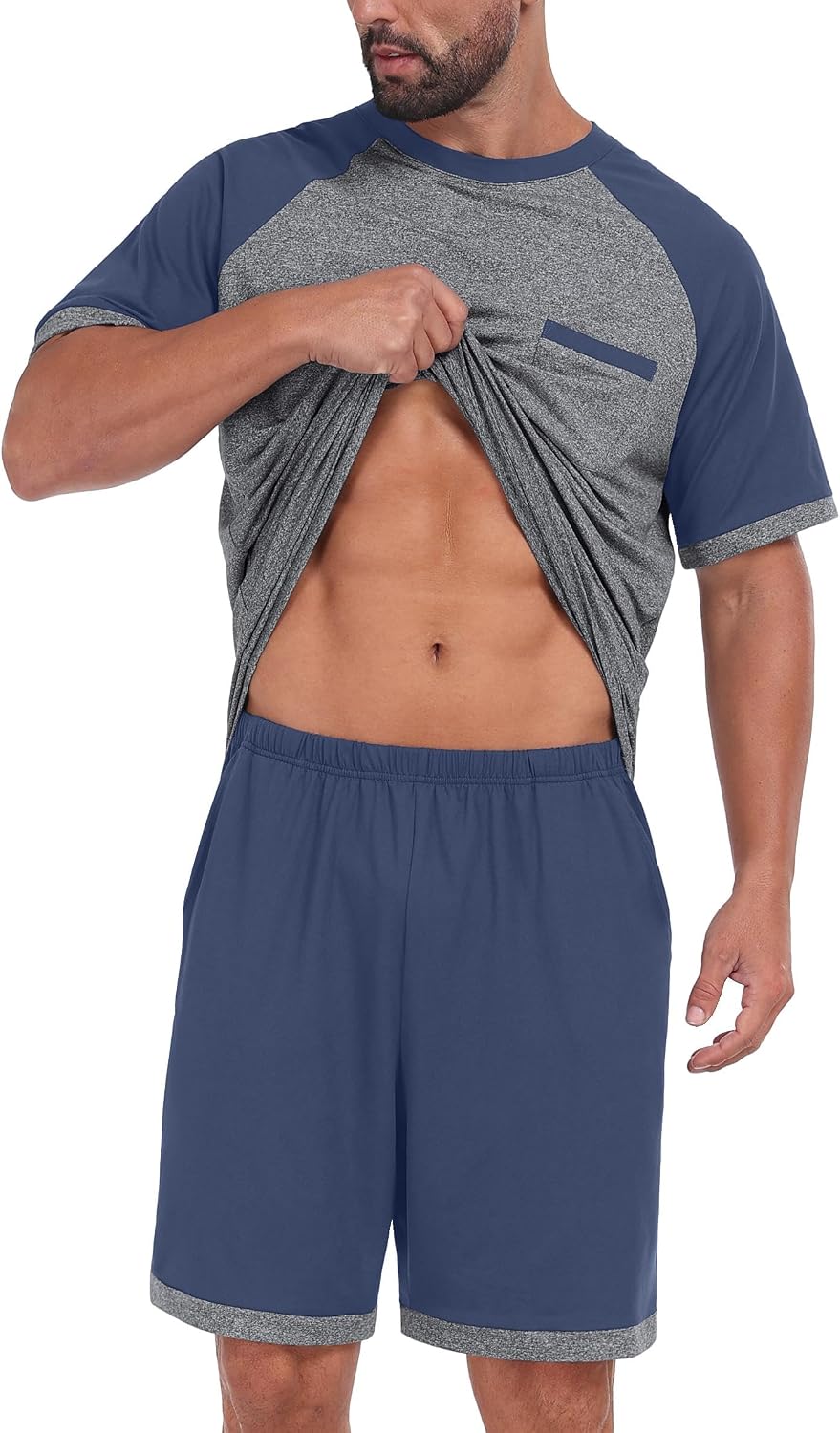 Mens Pajamas Set Lightweight Summer Short Sleeve Sleepwear Loungewear with Pocket