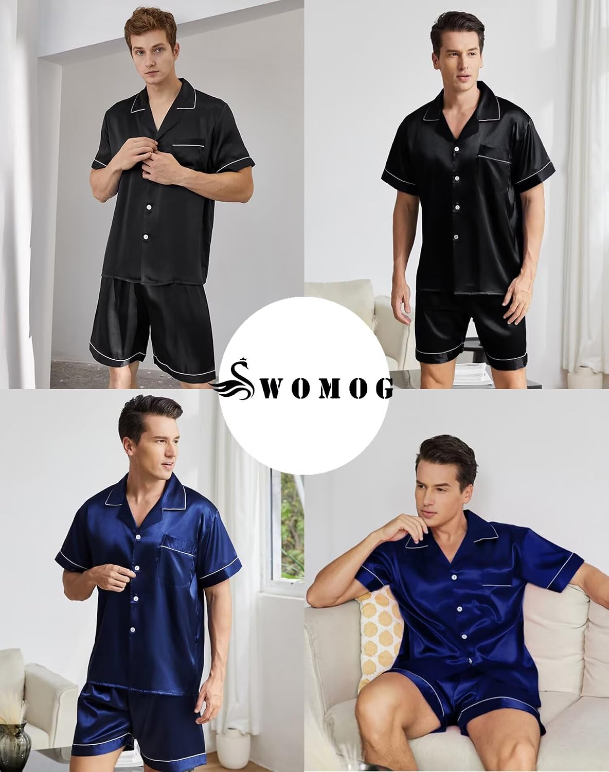 Men’s Satin-Finish Short-Sleeve Pajama Set with Pockets