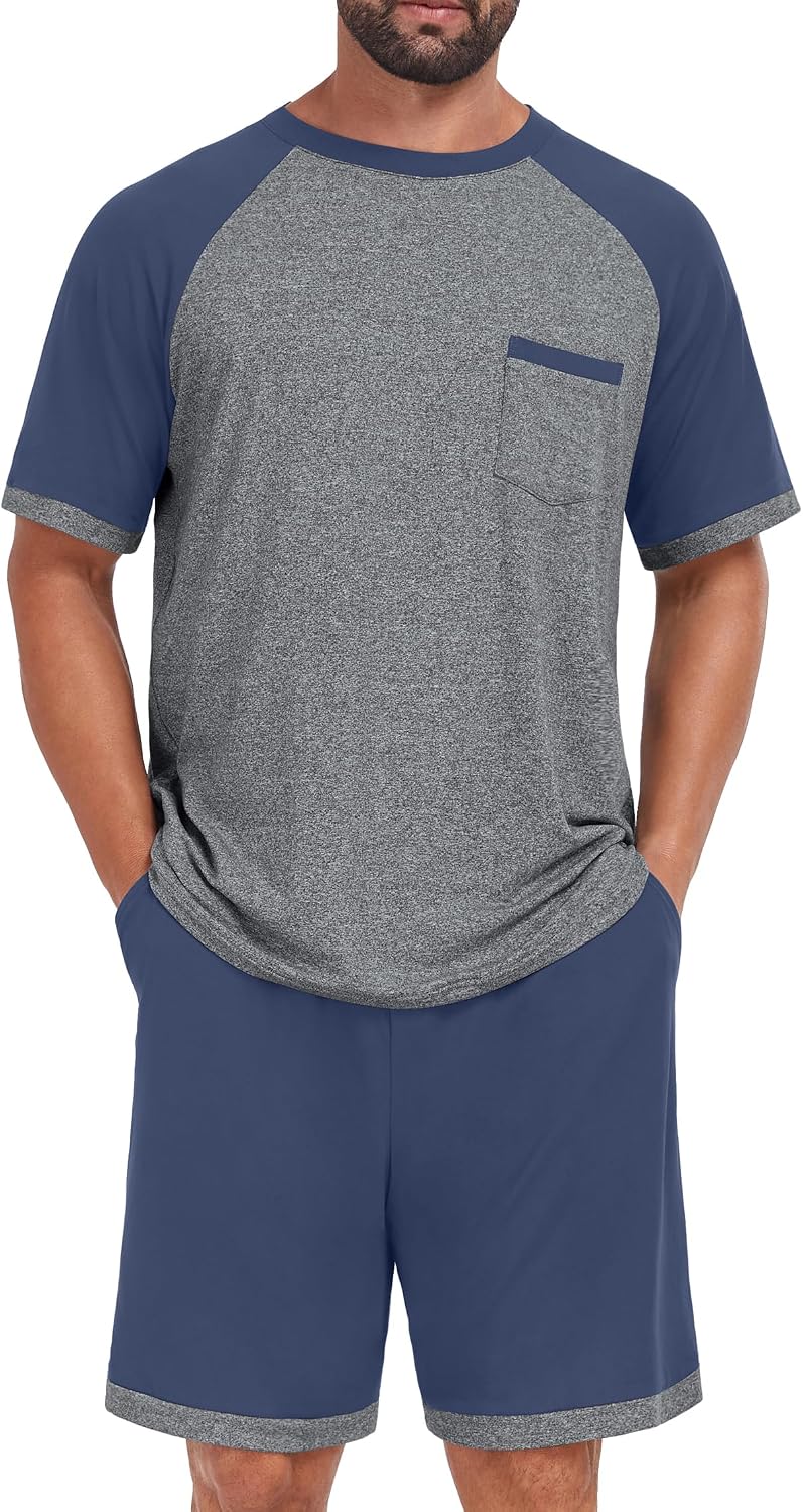 Mens Pajamas Set Lightweight Summer Short Sleeve Sleepwear Loungewear with Pocket
